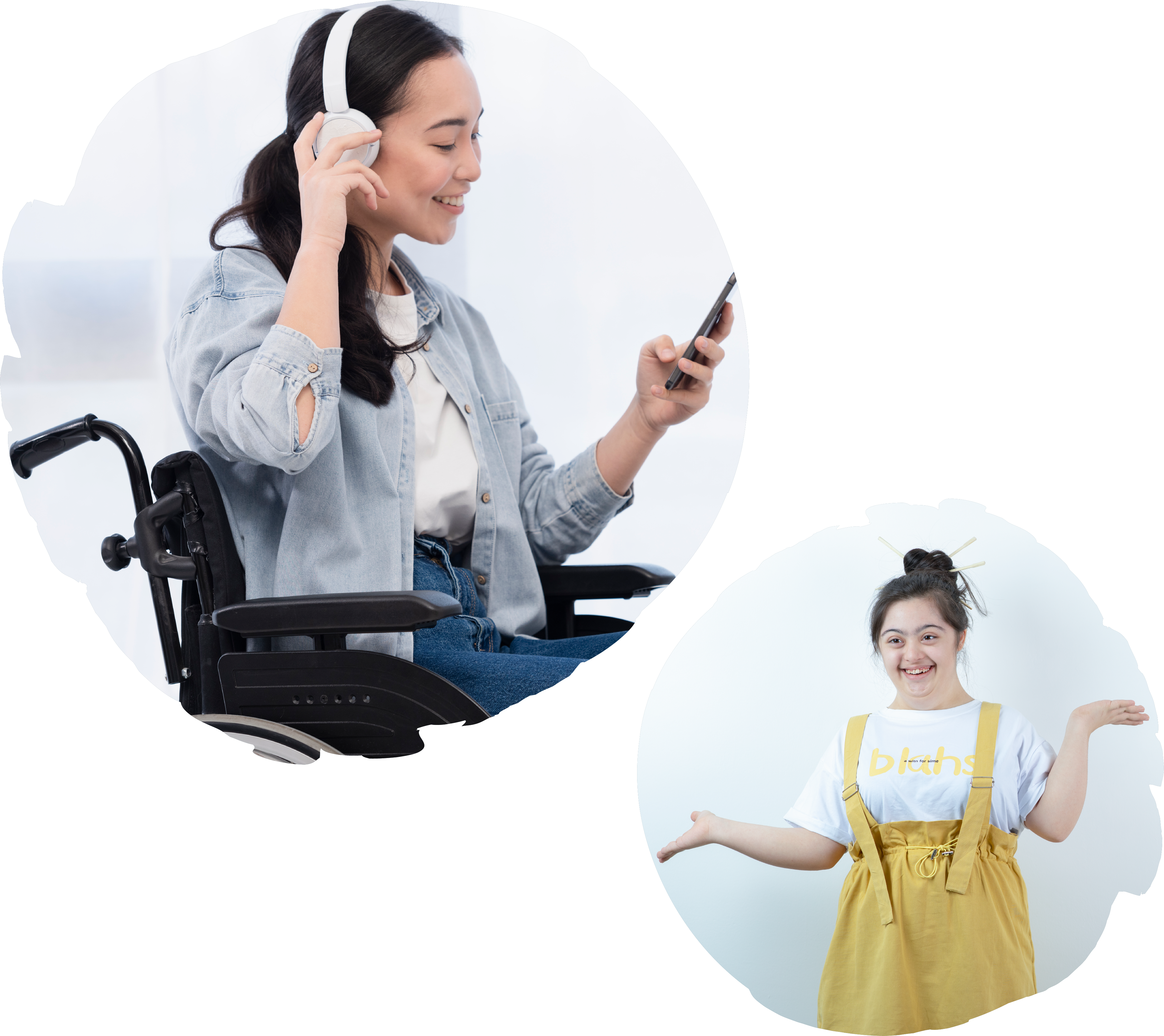 two pictures: first of a young woman in a wheelchair with headphones smiling at her phone. the second a young woman smiling with her hands up